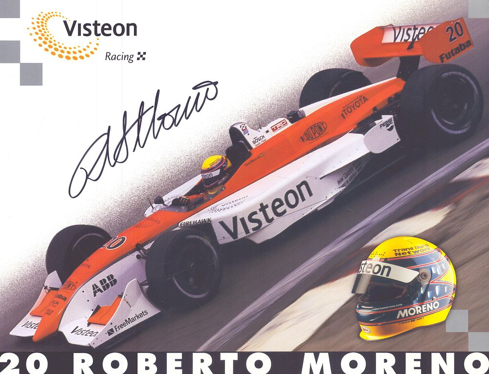 Lot 445: Roberto Moreno signed motor racing promo card.