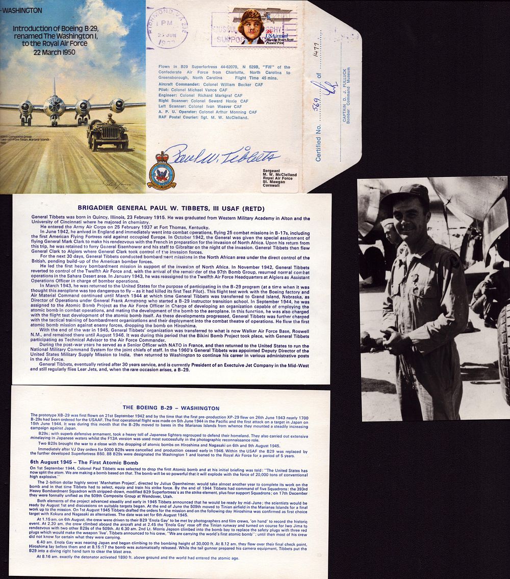 Lot 451: Brigadier General Paul W Tibbets signed FDC. Boeing...