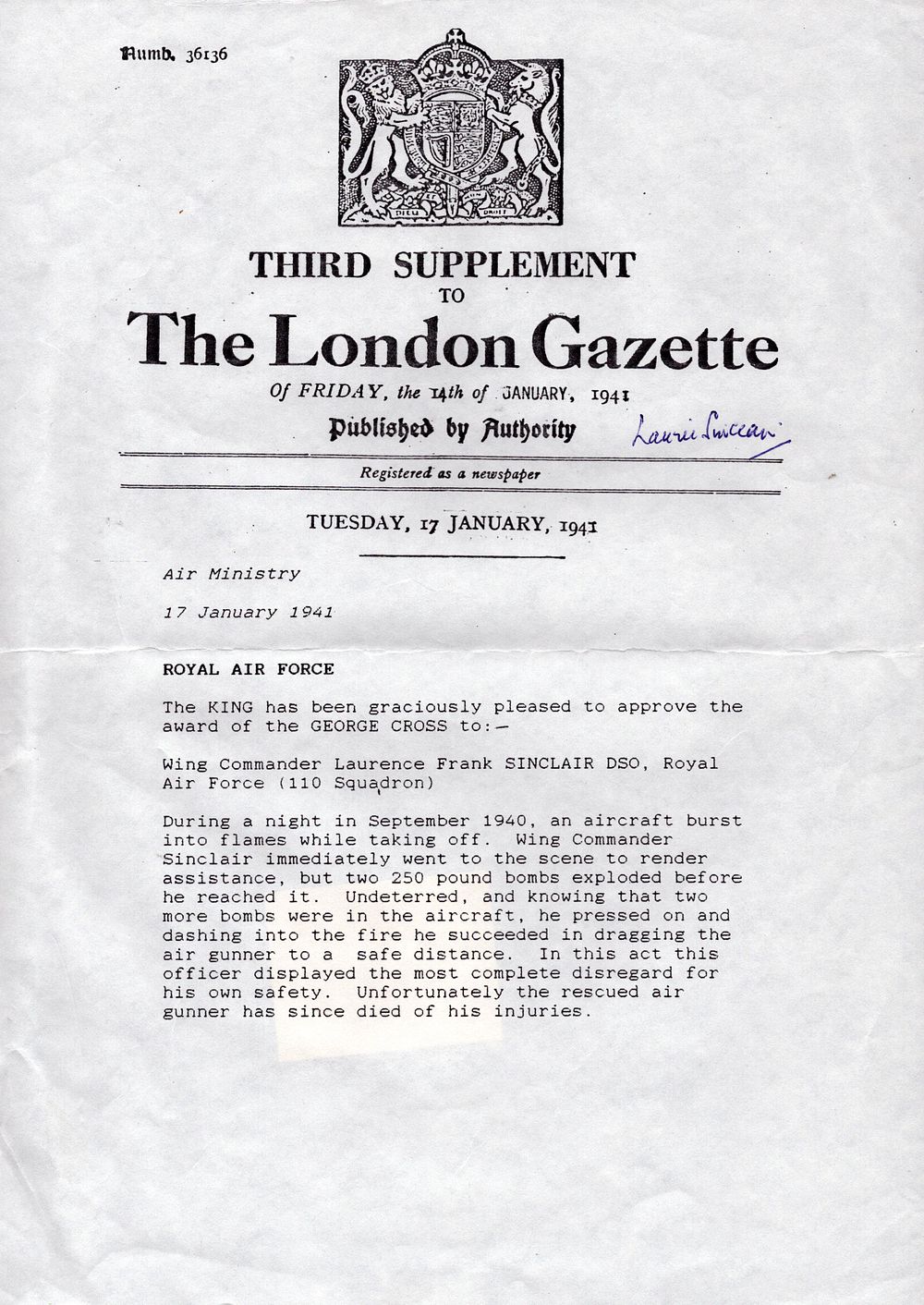 Lot 468: Wing Commander Laurence Sinclair signed Third Supplement to...