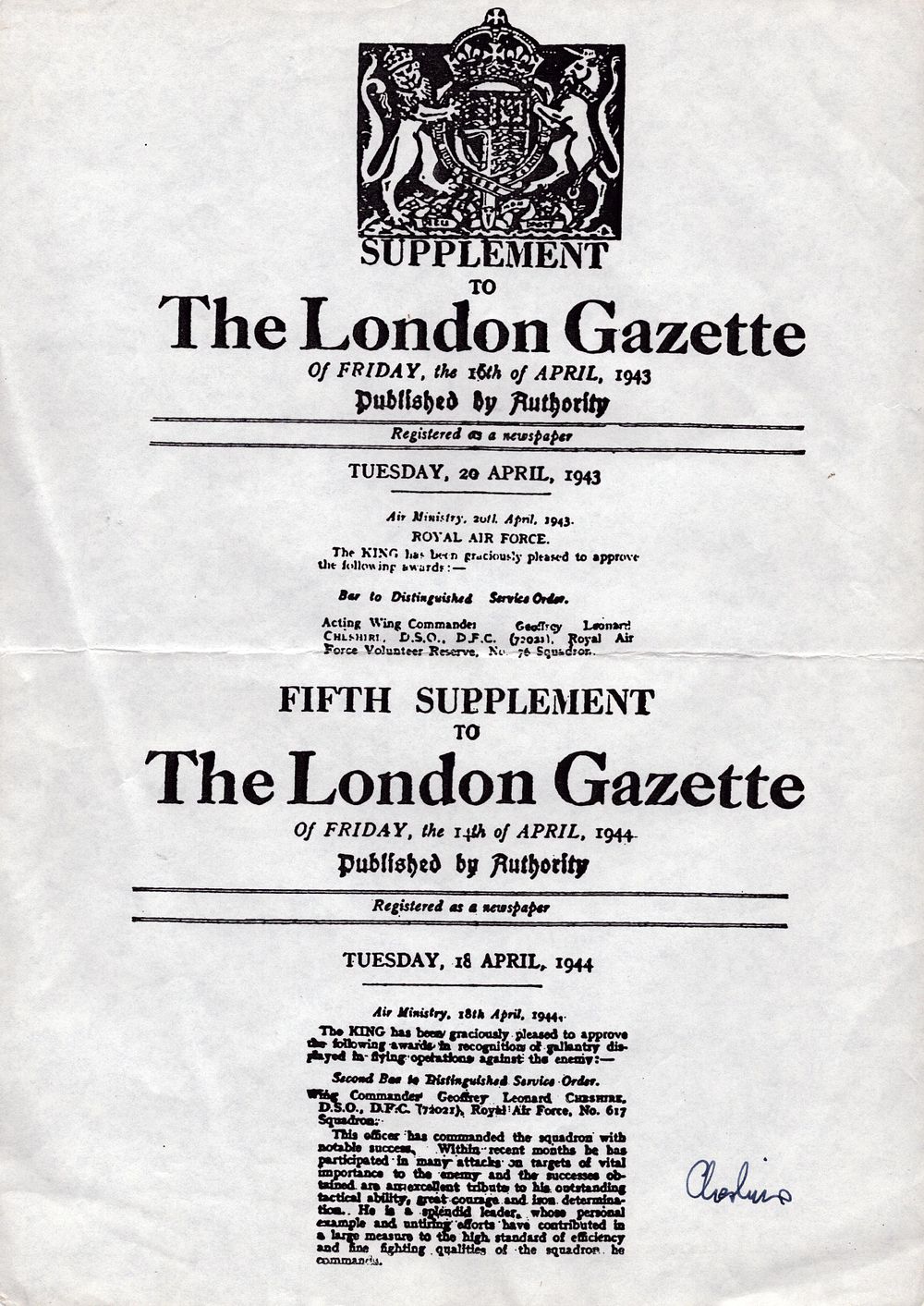 Lot 469: Wing Commander Geoffrey Leonard Cheshire signed copy of...