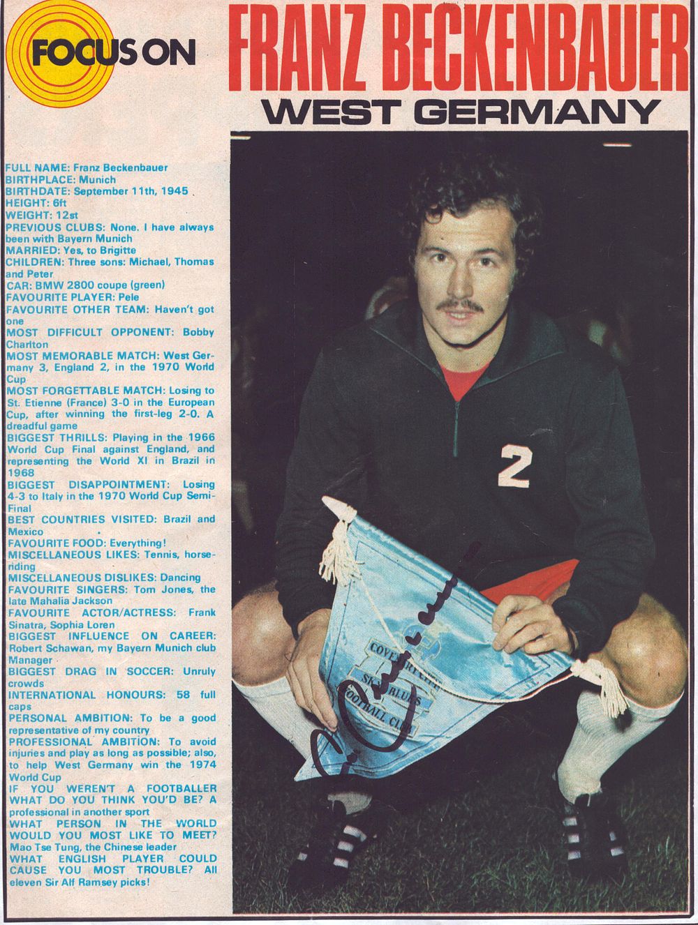 Lot 472: Franz Beckenbauer signed magazine facts page, mounted to...