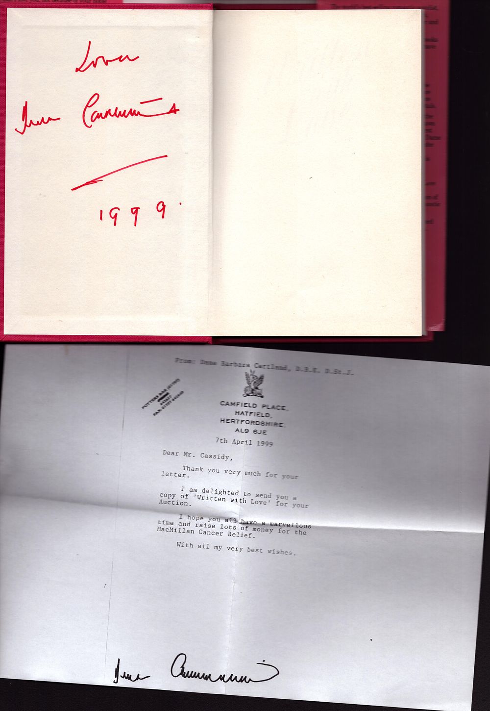 Lot 476: Written With Love Barbara Cartland signed hardback Book.