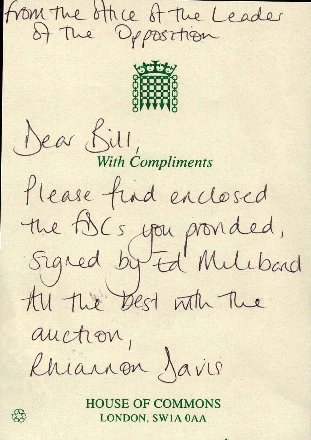 Lot 497: Rhiannon Davis signed House of Commons handwritten letter.