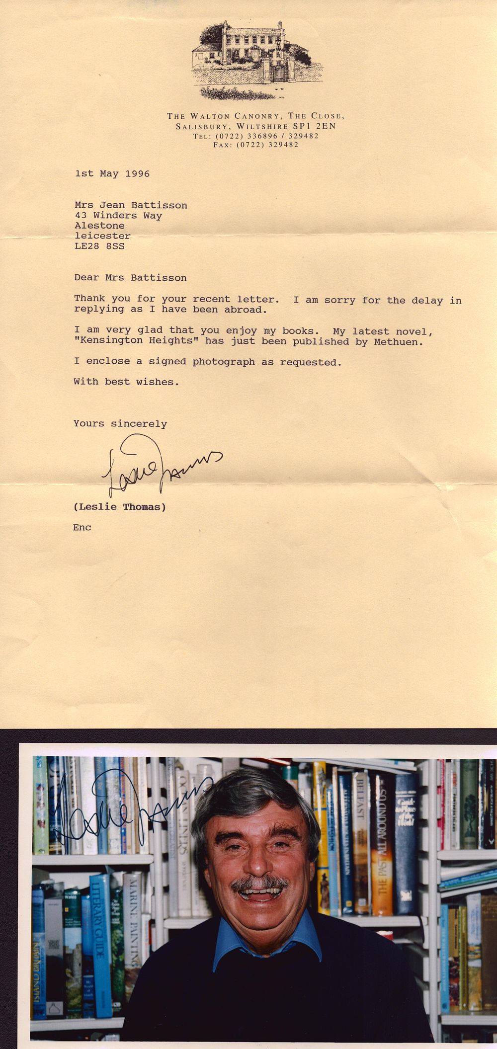 Lot 528: Leslie Thomas signed colour photo and signed typed...