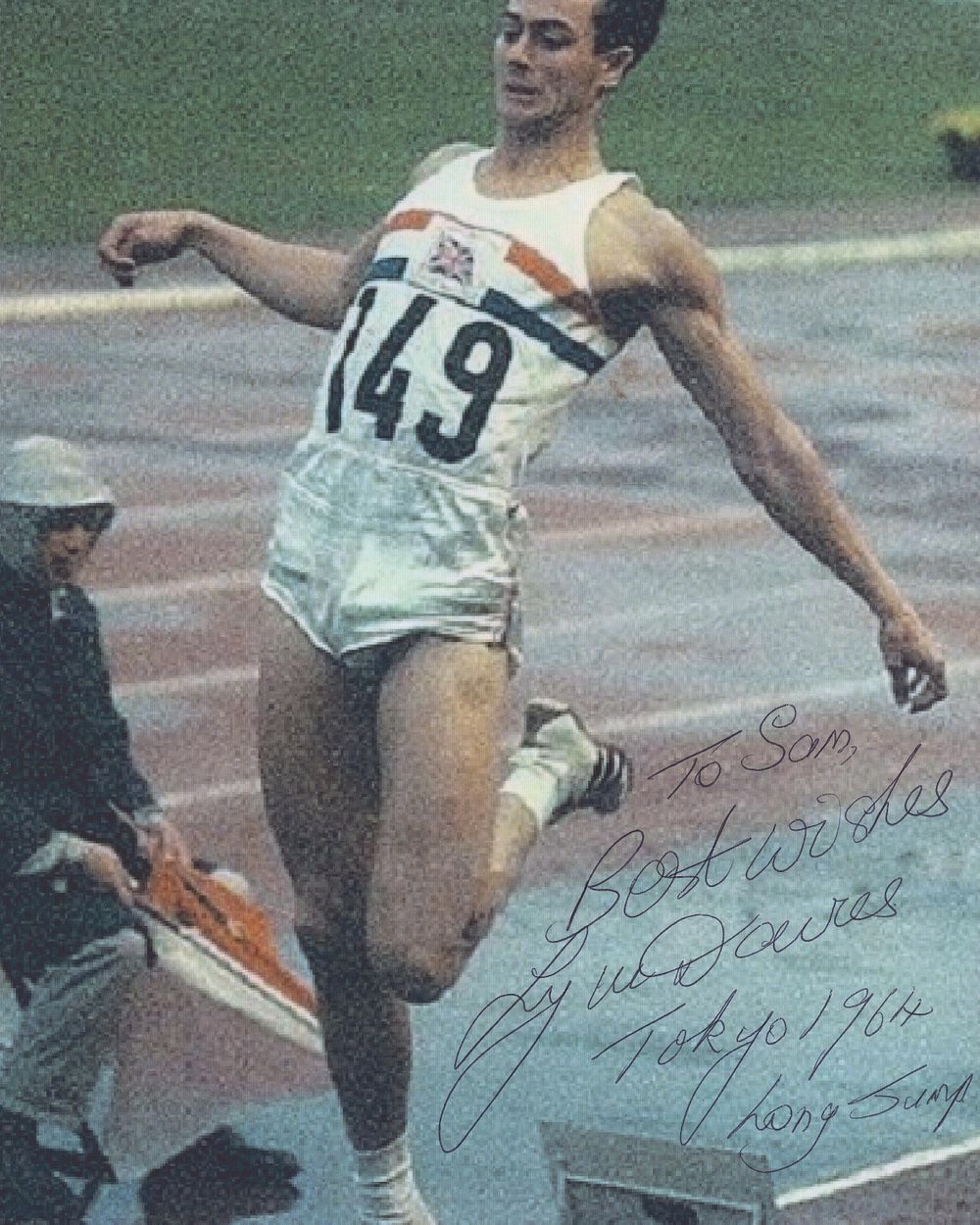 Lot 554: Lyn Davies signed 10x8inch Tokyo 1964 long jump...