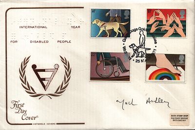 Jack Ashley signed FDC. International Year For Disabled People. Four Stamps plus single post 