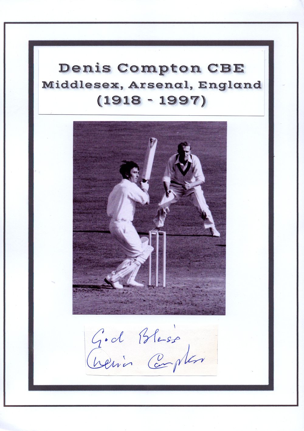 Lot 278: Denis Compton CBE signature piece and 6x4 black...