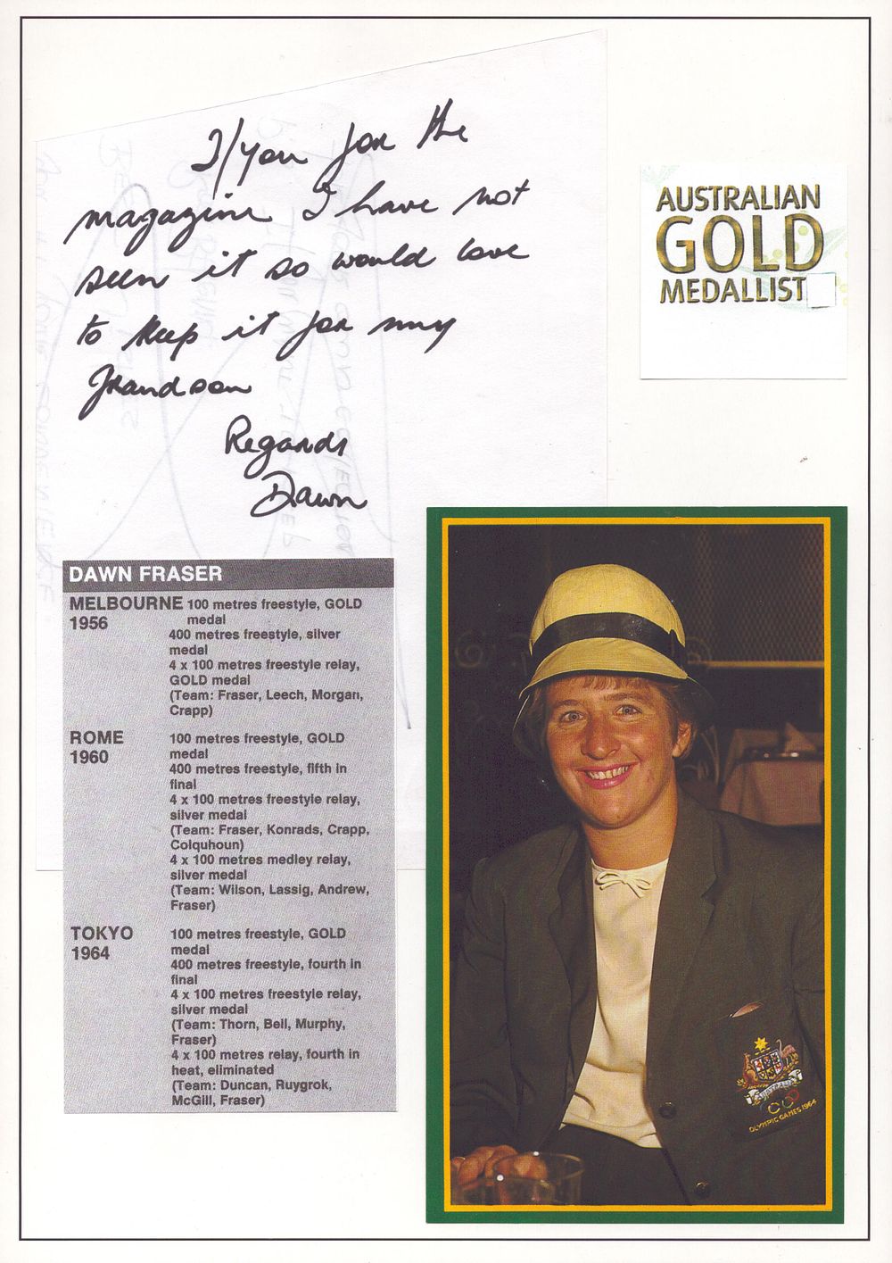 Lot 290: Dawn Fraser clippings and signed note mounted to...