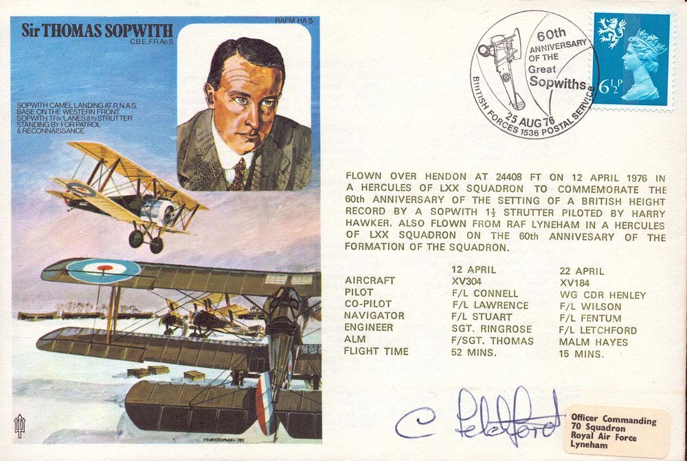 Lot 299: Flt C Letchford signed Sir Thomas Sopwith FDC....