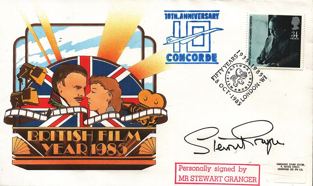 Lot 301: Stewart Granger signed FDC. British Film year 1985....