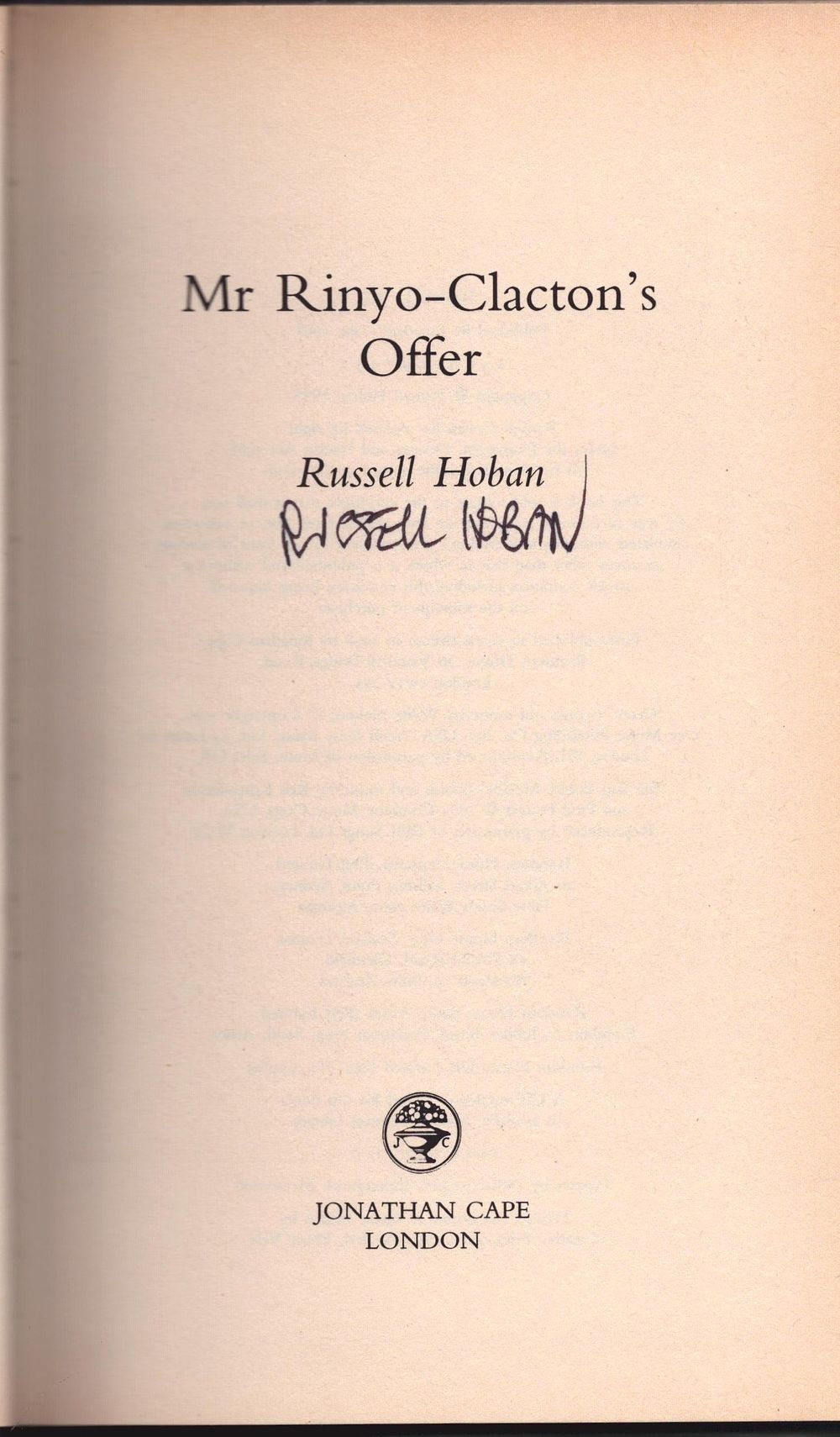 Lot 472: Russell Hoban signed first edition hardback book titled...