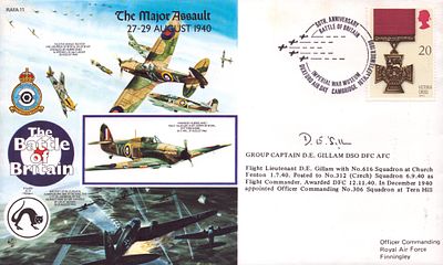 Group Captain D.E. Gillam DSO Signed FDC The Major Assault 1940 date stamped 1990. Signed on 