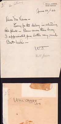 Will James handwritten letter to a Mr Vance, dated 10 June 1933. Signed WJ with a sperate piece 