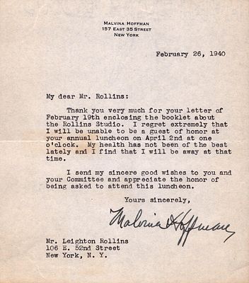 Malvina Hoffman TLS dated 26 Feb 1940, addressed to a Mr Leighton Rollins apologising for 