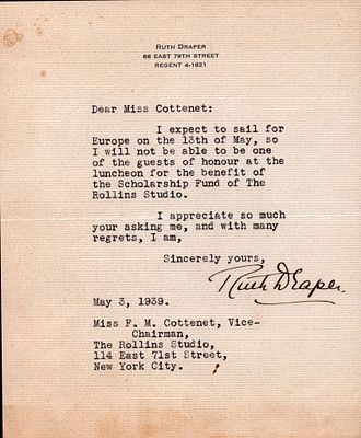 Ruth Draper signed TLS dated 3 May 1939, declining a luncheon due to being out of the country. 