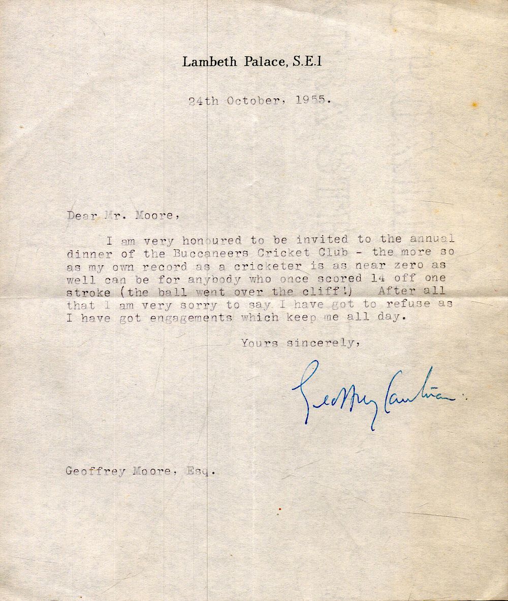 Lot 152: Geoffrey Fisher, Archbishop of Canterbury, signed corresponding letter.
