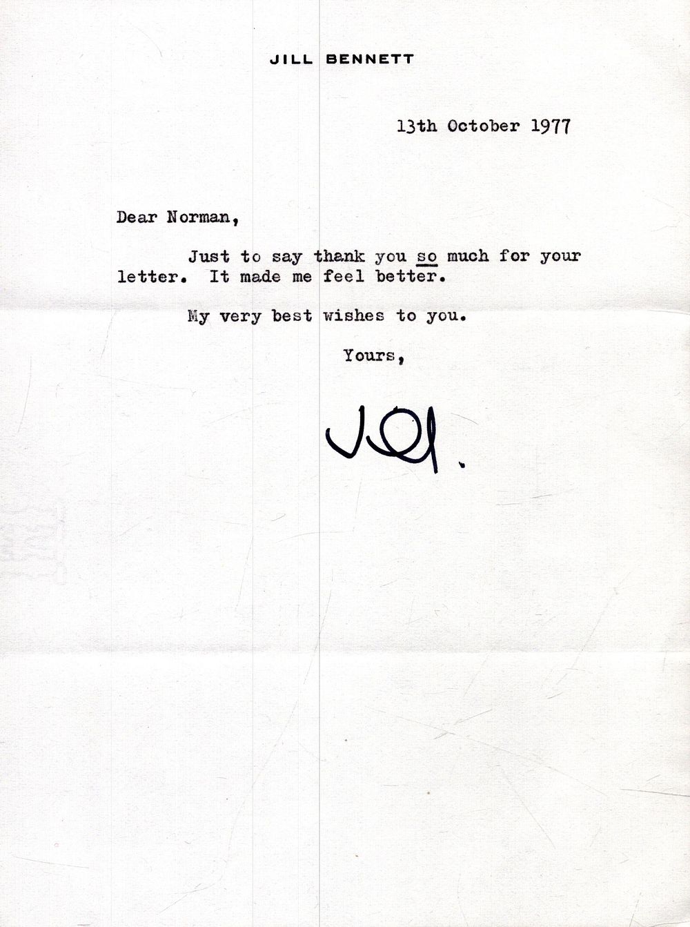 Lot 156: Jill Bennett signed corresponding letter.