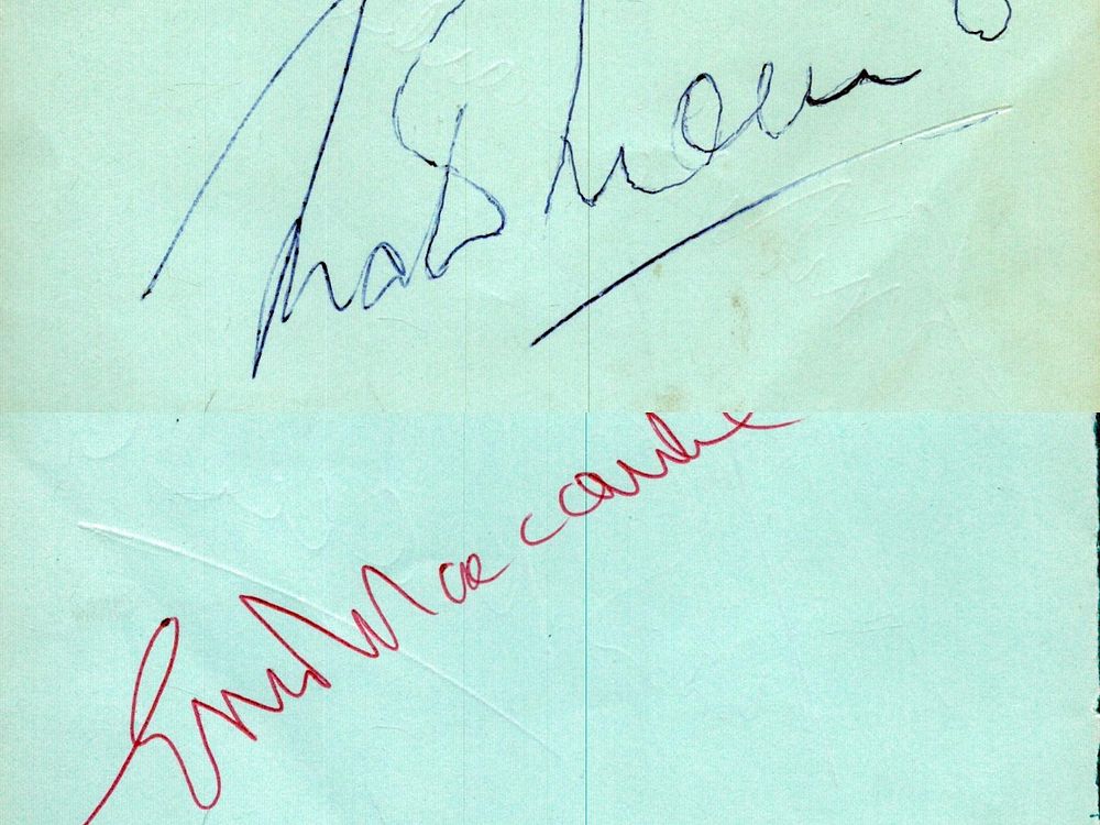 Lot 344: Eric Morecambe and Matt Munro signed signature piece.