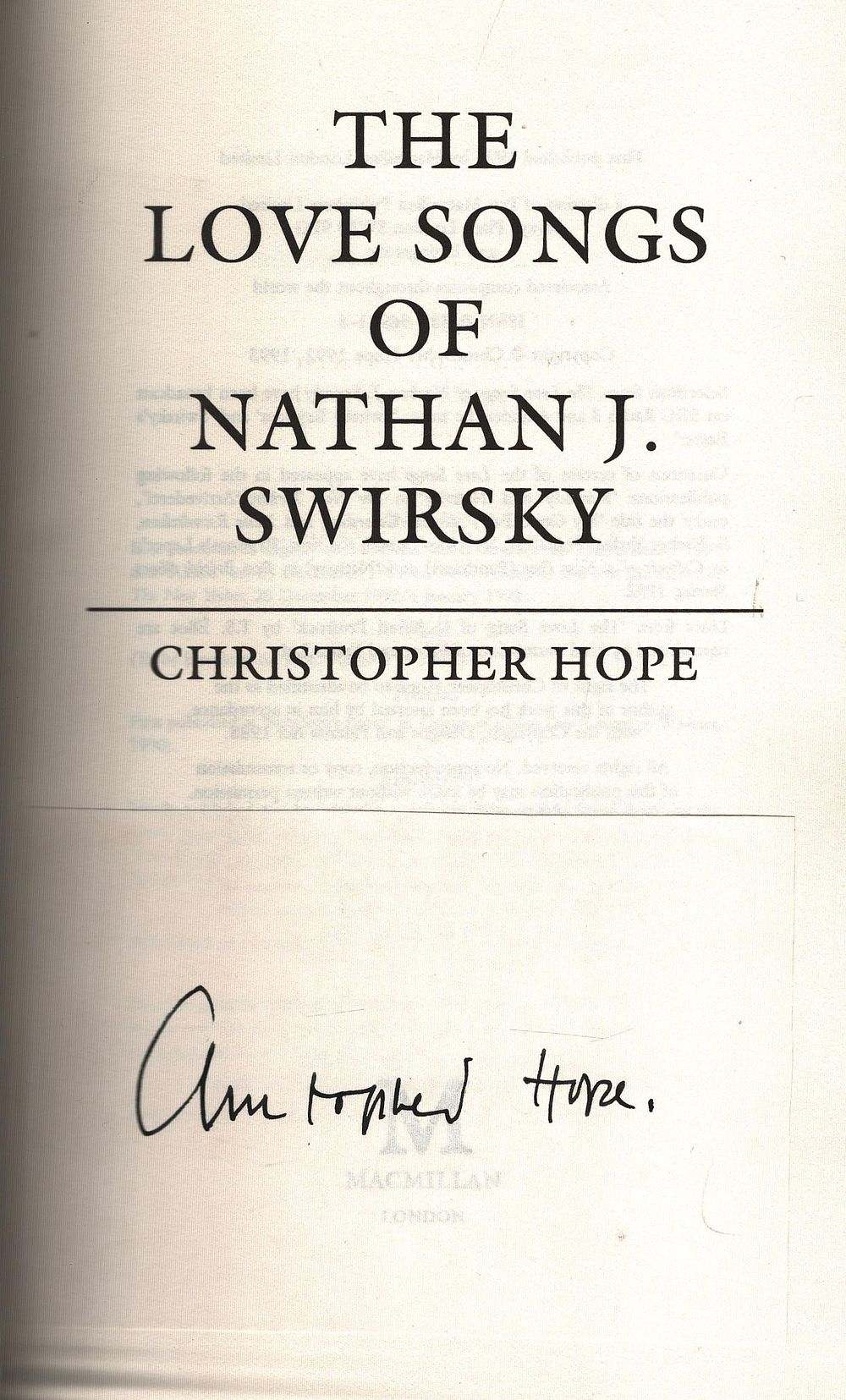 Lot 429: Christopher Hope signed. Titled The Love Songs of...