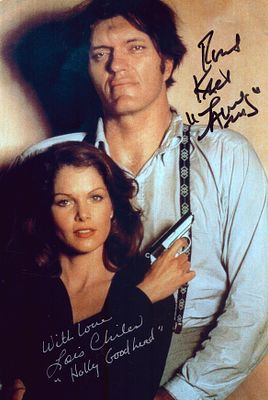 Richard Kiel and Lois Chiles signed coloured James Bond 12x8 inch photo.