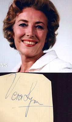 Vera Lynn signed signature piece with coloured photo.