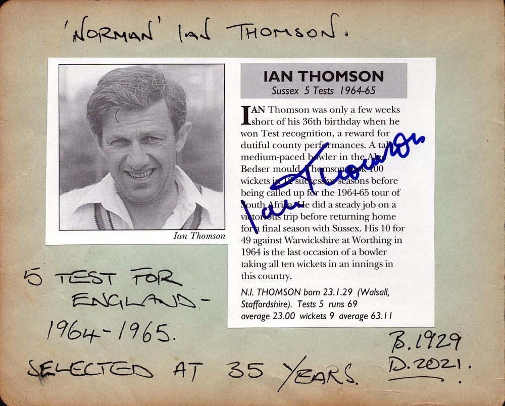 Lot 271: Ian `Norman ` Thompson Cricket Test Player signed...