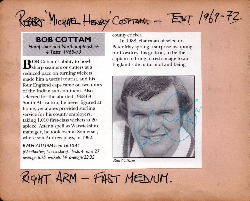 Lot 275: Bob Cottam Cricket Test Player signed autograph page.