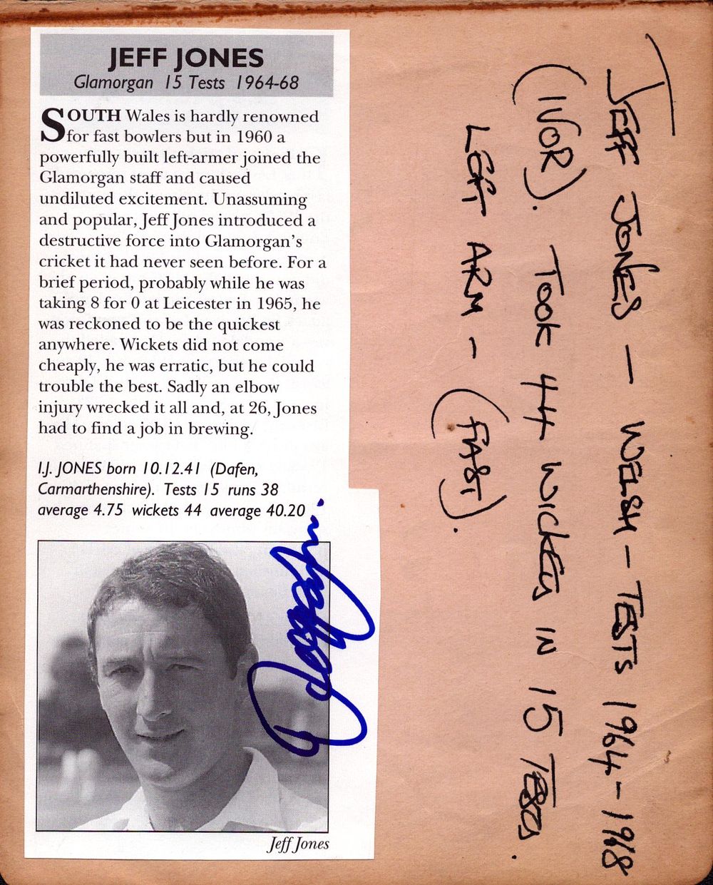 Lot 276: Jeff Jones Cricket Test Player signed autograph page.