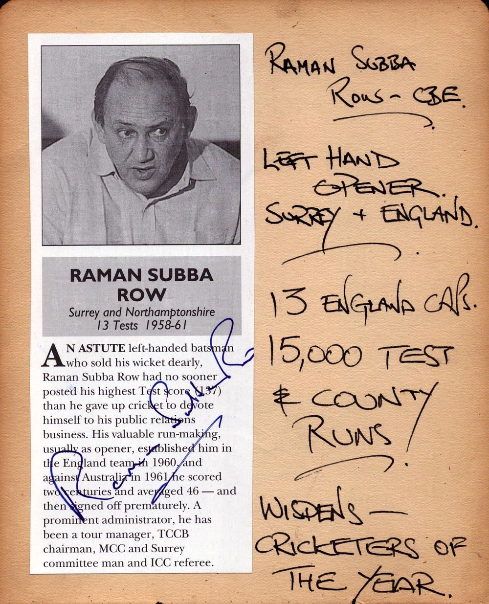 Lot 283: Raman Subba Row CBE Cricket Test Player signed...