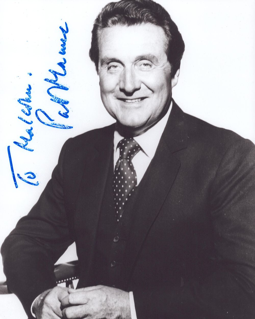 Lot 525: Patrick Macnee signed 10x8inch black and white photo....