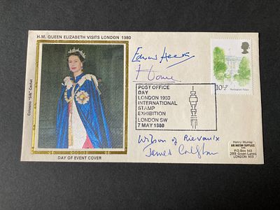 Four Prime Minsters signed 1980 FDC. Hand signed by Harold Wilson, Edward Heath, Lord Home and 
