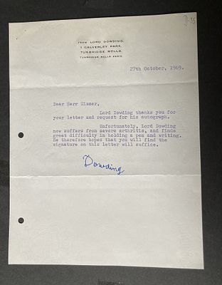 Sir Hugh Dowding Battle of Britain WW2 RAF signed letter 1969 RARE, original signed letter on 