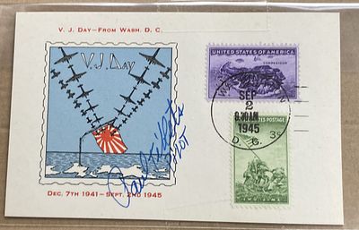 WW2 Atom Bomb pilot Brig Paul Tibbets signed 1945 rare card. 1945 American VJ DAY Postcard, 2 