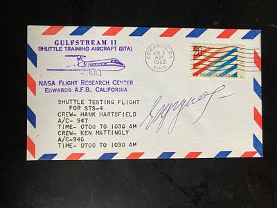 Cosmonaut Y. V. Khrunov signed Gulfstream NASA Shuttle Training Aircraft (STA) for STS-4 FDC. 