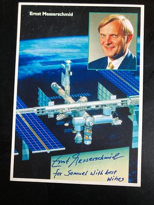 Astronaut Dr. Ernst Messerschmid signed 6x4inch colour promo photo. From 1978 to 1982, he 