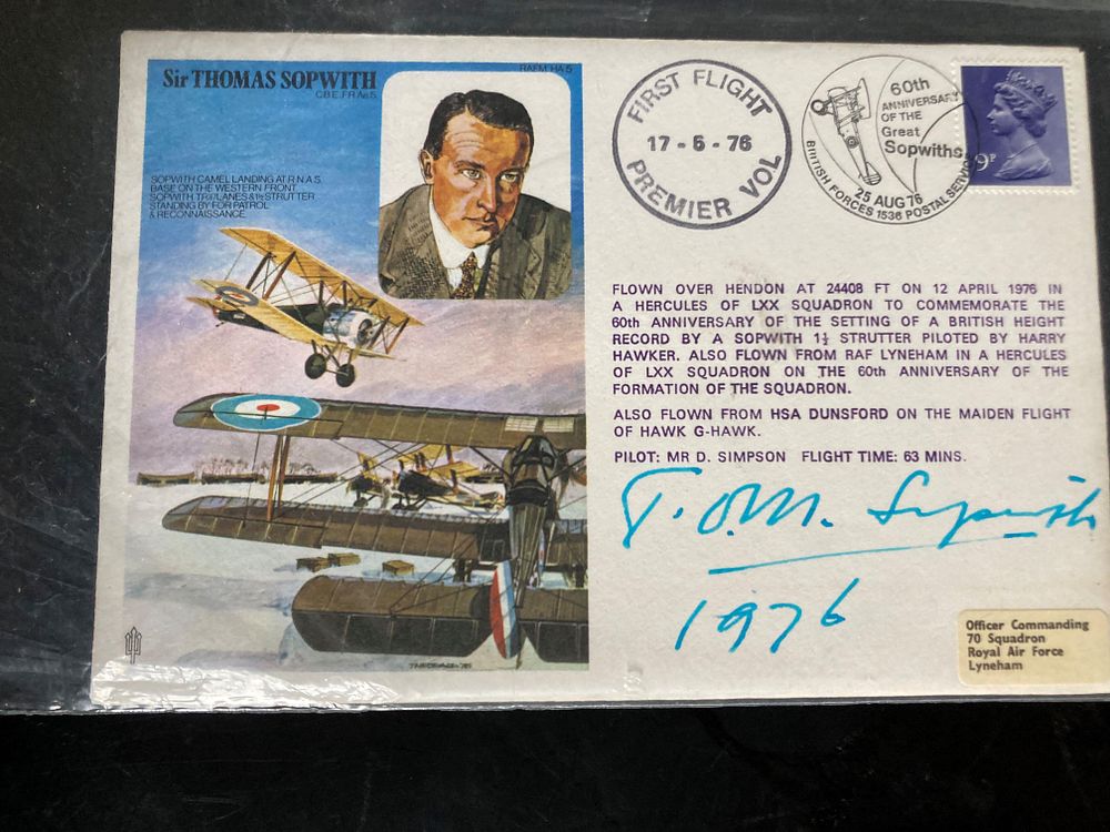 Lot 217: Aviation legend Sir Tom Sopwith signed on his...