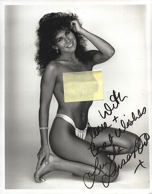 Linda Lusardi signed 10x8inch risqu&eacute; black and white photo.