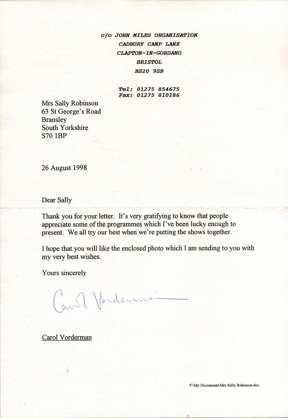 Lot 190: Carol Vorderman signed single page TLS dated 26...