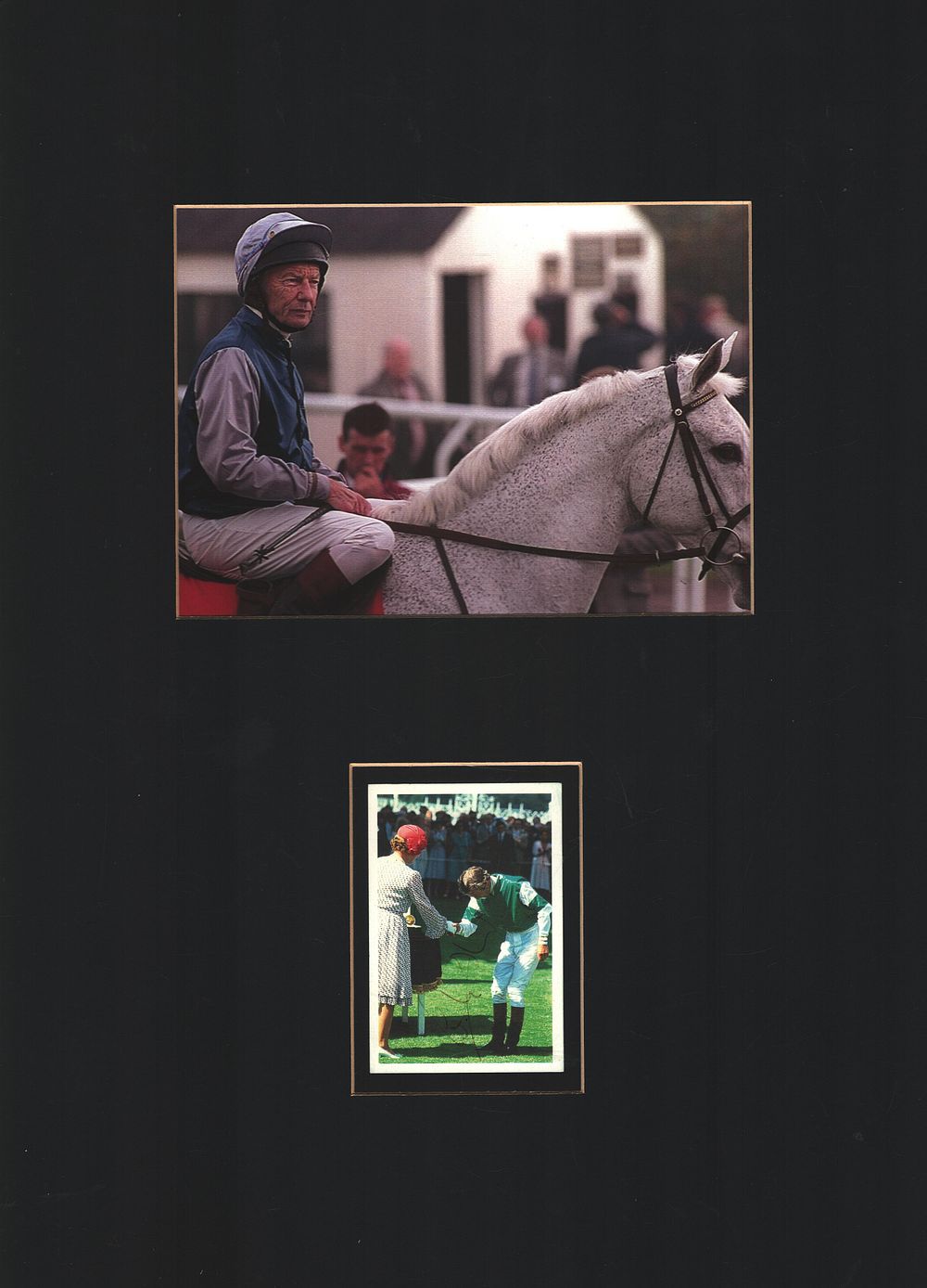 Lot 455: Lester Piggott signed small colour photo mounted below...