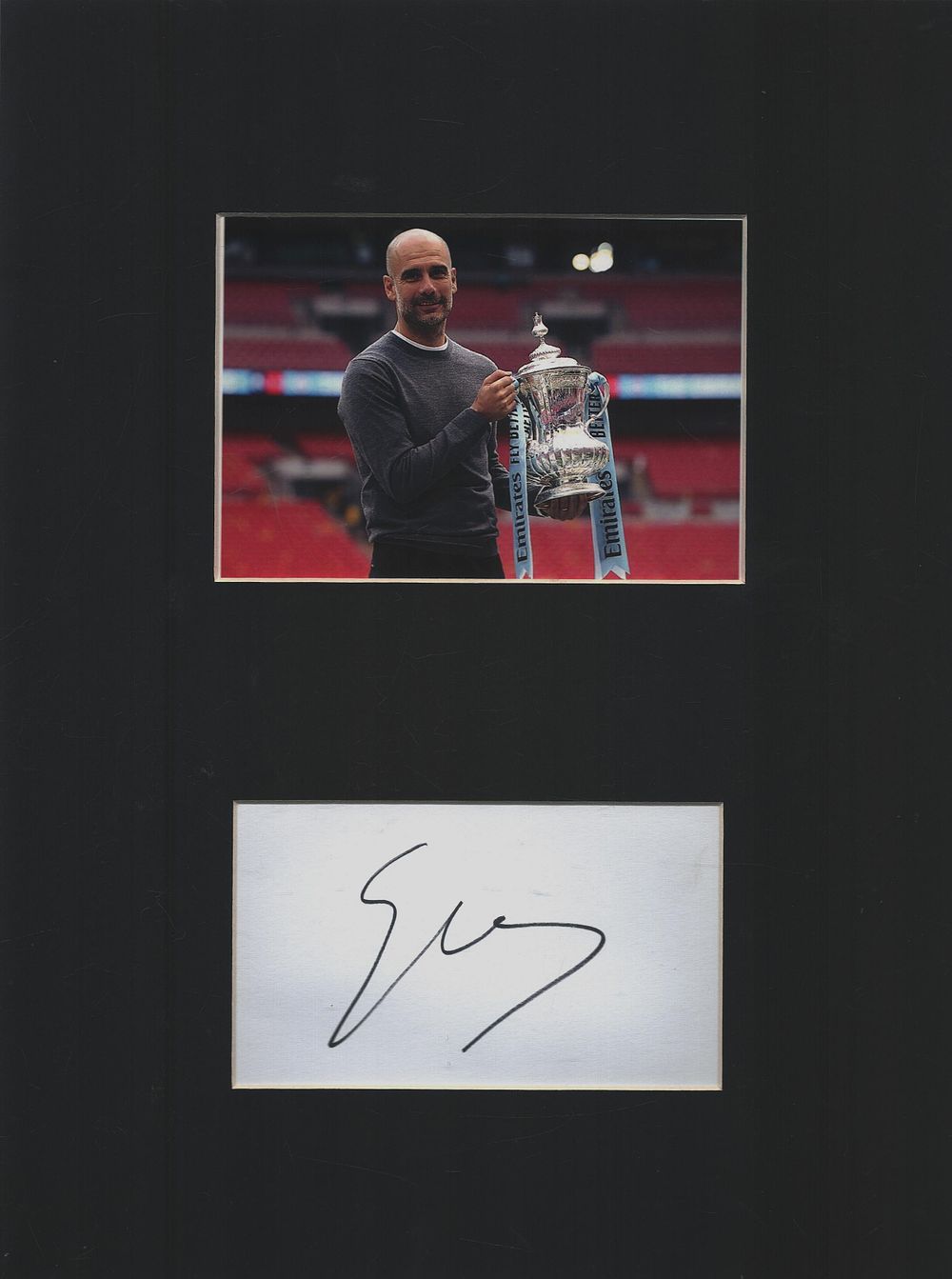Lot 458: Pep Guardiola signature piece mounted below colour photo....