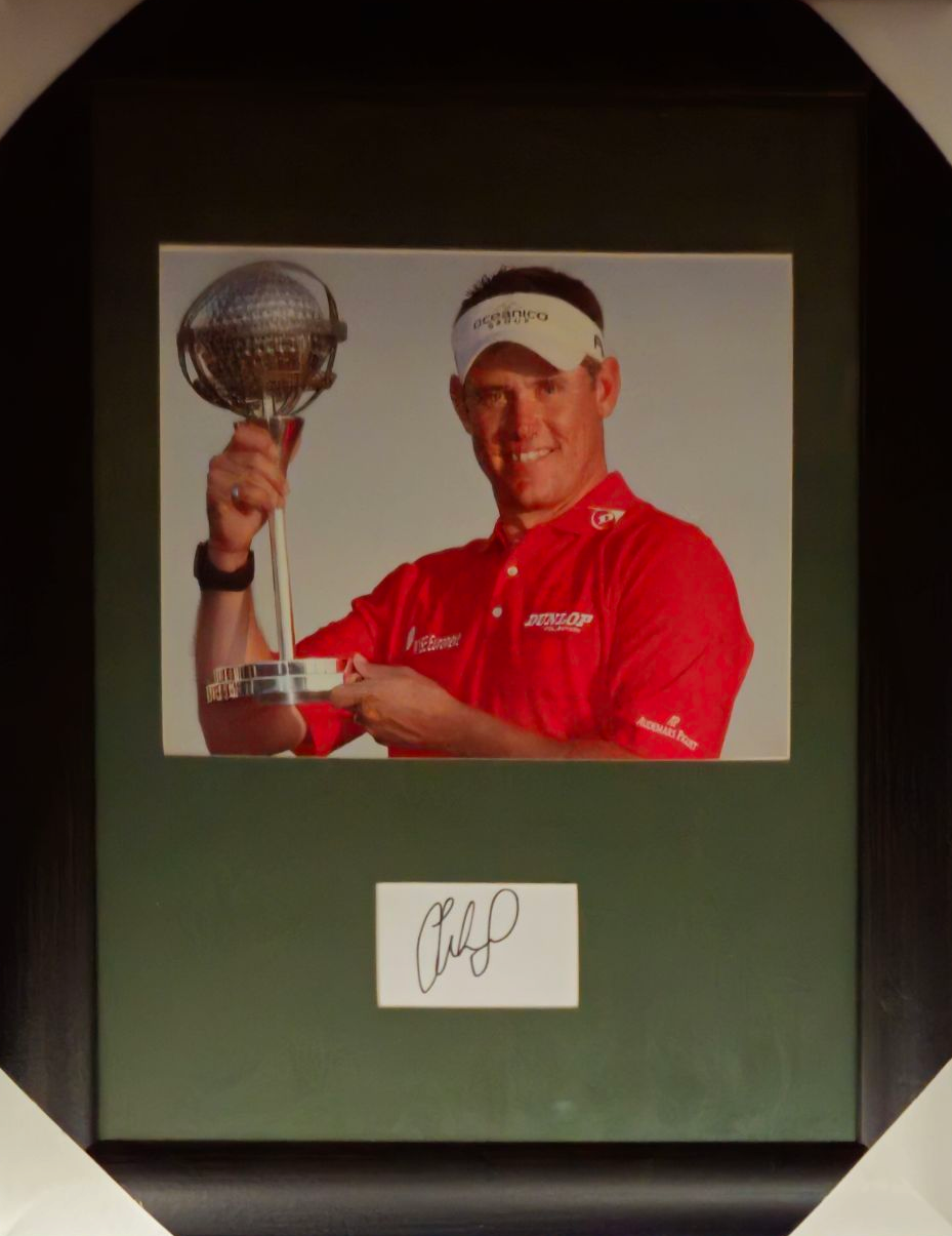 Lot 495: Golf Lee Westwood 19x14inch overall mounted signature piece...