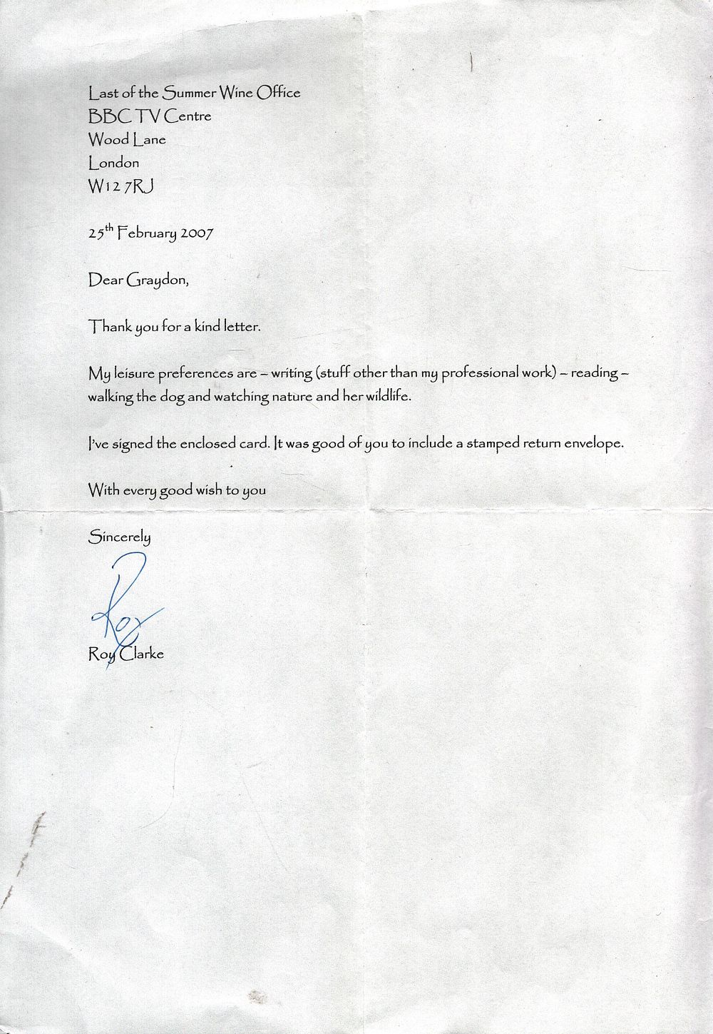 Lot 269: Roy Clarke TLS correspondence letter A4 letter dated...