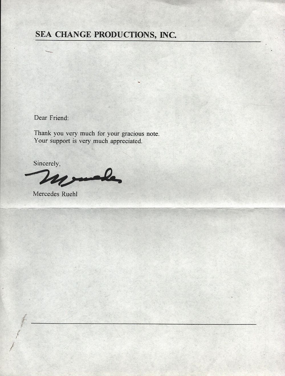 Lot 271: Mercedes Ruehl TLS Thank you letter. Size 11x8.5...
