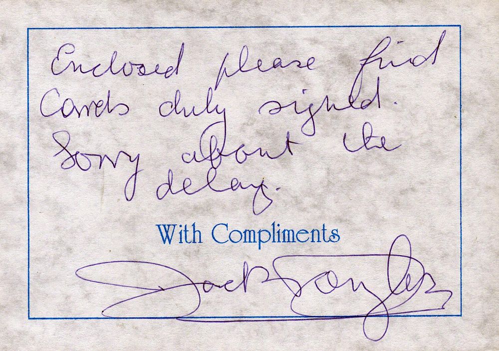 Lot 485: Jack Douglas signed complement slip.
