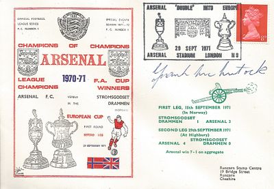 FOOTBALL ARSENAL V STROMGODSET 1971 DAWN FIRST DAY COVER SIGNED BY FRANK McKLINTOCK. Good 