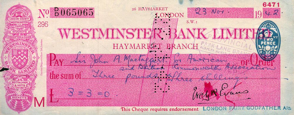 Lot 258: Admiral Edward Evans signed Westminster Bank Limited cheque...