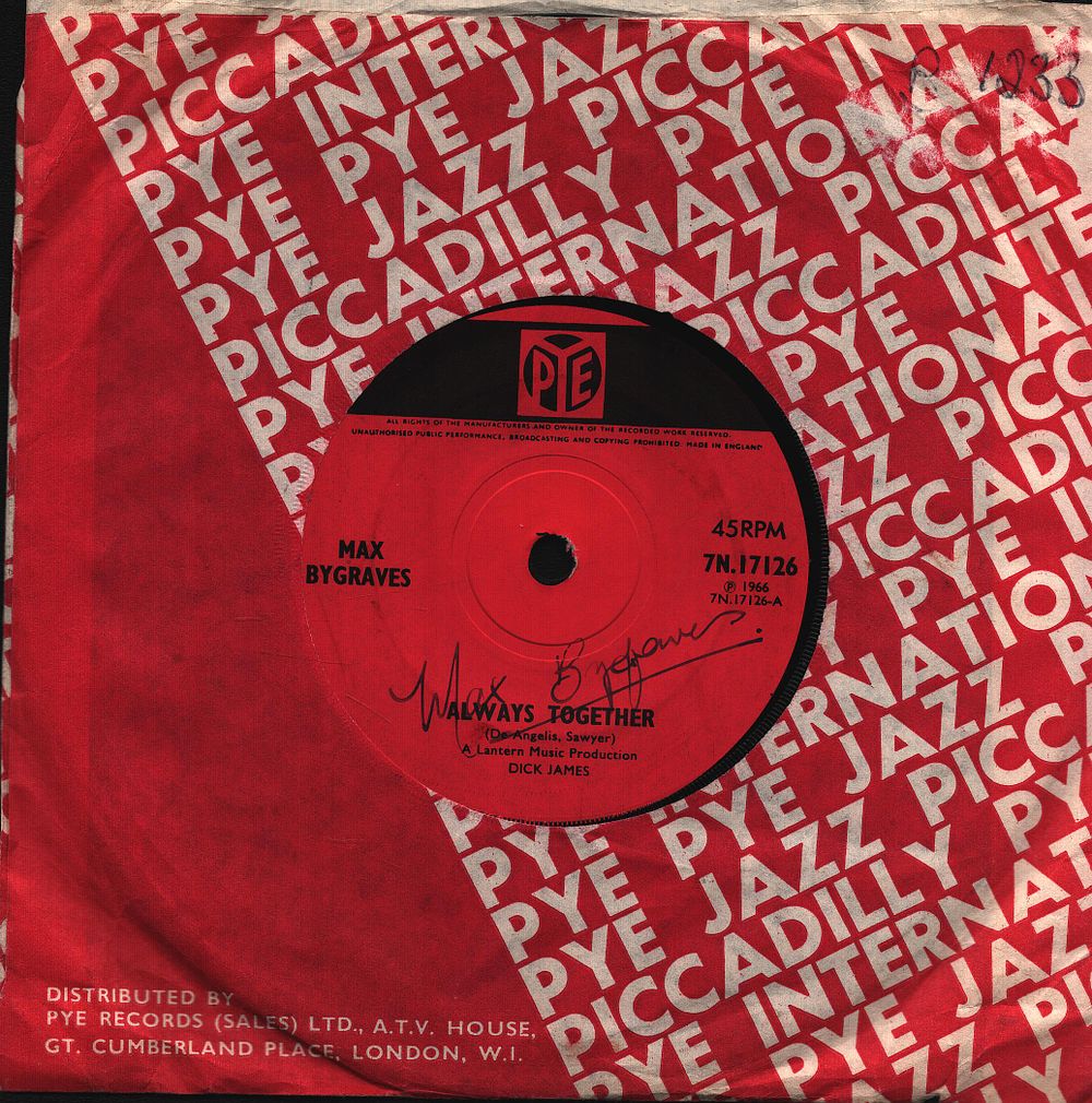 Lot 288: MAX BYGRAVES (1922-2012) Signed 1966 45rpm ‘Always Together’...