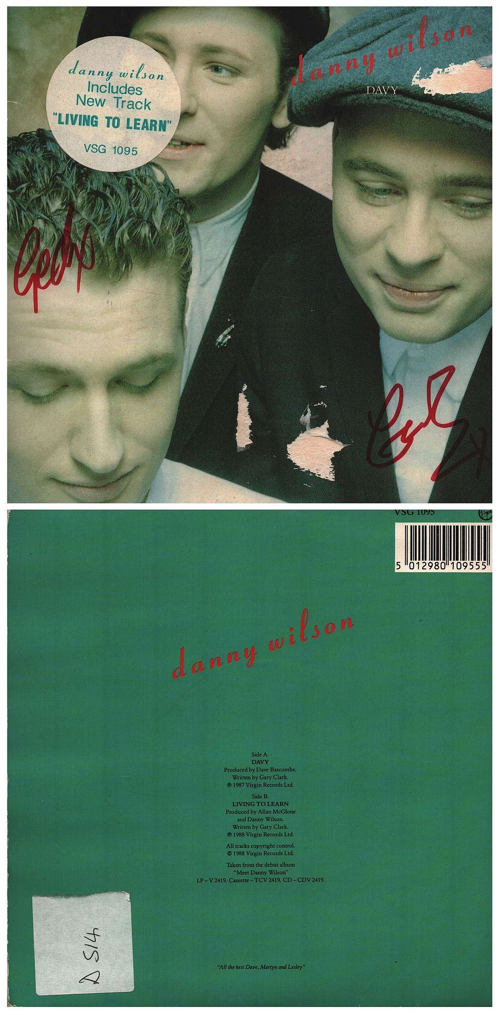 Lot 302: DANNY WILSON Band signed 1988 ‘Davy’ 45RPM Record...