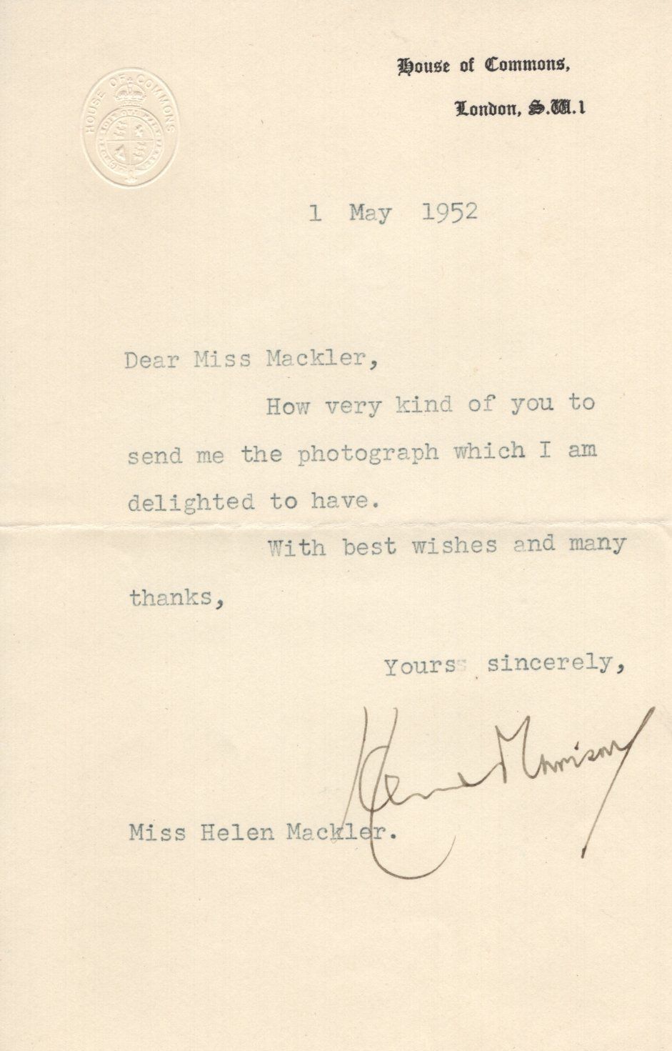 Lot 377: Herbert Morrison (1888-1965) signed typed letter on House...