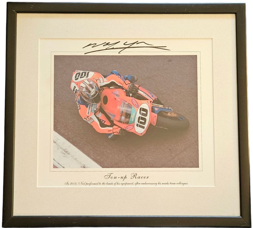 Lot 534: Neil Hodgson signed 'Ton-up Racer' print mounted and...